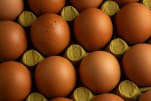 ein ordentlich vereinbart worden Reihe von braun Hähnchen Eier im ein Karton Karton. das Eier sind gleichmäßig beabstandet, Hervorheben ihr Gleichmäßigkeit. das Sanft Licht Abgüsse sanft Schatten, Erstellen ein warm, einladend Atmosphäre. foto