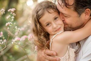 ein wenig Mädchen umarmen ihr Vater im Natur auf Vaters Tag. foto