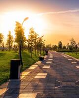 Stadt Park im Sommer- mit Gehweg, Laternen, jung Grün Rasen, Bäume und wolkig Himmel auf ein Sonnenuntergang oder Sonnenaufgang. foto