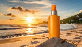 Attrappe, Lehrmodell, Simulation spf Schutz Lotion Flasche auf Sand auf das Sommer- Strand, Sonnenschutz Haut Pflege foto