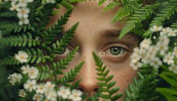 Frau s fesselnd Auge Blick inmitten üppig Grün Laub und beschwingt bunt Blumen foto