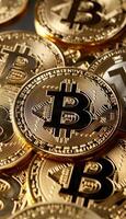 Bitcoin Gold Münzen umgeben durch verschwommen finanziell Diagramm Hintergrund zum ein Digital Währung Konzept foto