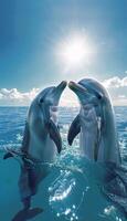 anmutig Delfine springen im Herz gestalten von Kristall klar Ozean Wasser unter tropisch Sonne foto