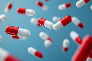 fliegend Tabletten Apotheke und Depression Behandlung mit Antidepressiva und Vitamine Konzept foto
