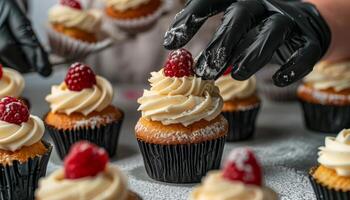 Gebäck Koch im schwarz Handschuhe dekorieren Cupcakes mit Sahne Käse Glasur und rot Beeren foto