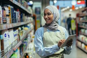 ein Frau prüft Produkte und Waren im ein Supermarkt, ein Muslim Frau im ein Hijab Verwendet ein Tablette in der Nähe von ein Regal mit Waren, ein Arbeiter im ein Schürze lächelt beim Arbeit foto