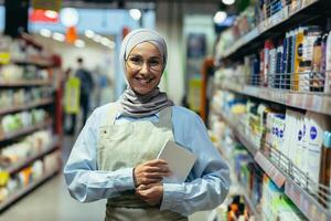 Porträt von ein Frau im ein Kopftuch, ein Geschäft Arbeiter im ein Supermarkt mit ein Tablette Computer, sieht aus beim das Kamera und lächelt, ein weiblich Verkäufer Berater im Brille unter Reihen von Regale mit Waren foto
