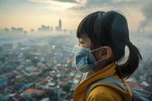 ein Kind tragen ein schützend Maske fällig zu Arm Luft Qualität mit ein verschmutzt Stadt im das Hintergrund betonen das Gesundheit Auswirkungen von Umwelt Verschmutzung foto