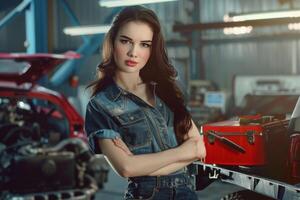 ein sexy Mechaniker selbstbewusst posieren mit ein Werkzeugkasten Hervorheben ihr Sachverstand und Professionalität. foto