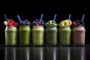 ein Komposition von frisch organisch Obst Smoothies symbolisieren Gesundheit natürlich Zutaten und Entgiftung foto