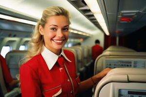 ein freundlich Stewardess beim Arbeit im ein Ebene. foto