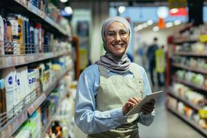 Porträt von ein Frau im ein Kopftuch, ein Geschäft Arbeiter im ein Supermarkt mit ein Tablette Computer, sieht aus beim das Kamera und lächelt, ein weiblich Verkäufer Berater im Brille unter Reihen von Regale mit Waren foto