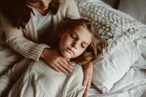 ein wenig Mädchen schläft im ihr Mutter Runde foto