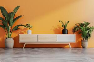 stilvoll und minimalistisch modern Fernseher Stand ist platziert im Vorderseite von ein Pastell- Orange Mauer foto
