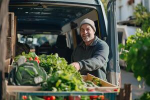 ein lokal Farmer ist liefern verschiedene Typen von frisch organisch produzieren mit ein Lieferung van foto