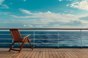 entspannend Stuhl auf das Deck von ein Kreuzfahrt Schiff mit Kopieren Raum foto