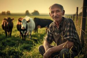 reifen Farmer steht im ein Grün Gras Feld in der Nähe von seine das Vieh Bauernhof, etwas Kühe wandern hinter ihm foto