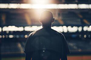 zurück Aussicht Baseball Spieler Stehen im das Mitte von Baseball Arena Stadion foto