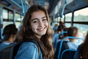 Teenager Mädchen posieren Innerhalb ein Schule Bus während suchen beim das Kamera foto