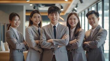 Gruppe von asiatisch Menschen tragen grau Anzüge Lächeln mit ihr Waffen gefaltet über ihr Truhen Stehen im ein modern Büro foto