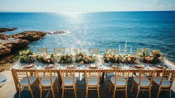 Strand Hochzeit Rezeption mit ein lange Tabelle und Stühle mit Blick auf das Ozean foto