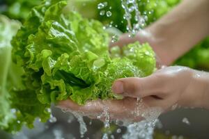 Nahansicht von jemand Waschen Grüner Salat foto