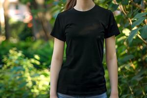 weiblich Modell- tragen ein schwarz Rundhalsausschnitt leer Attrappe, Lehrmodell, Simulation T-Shirt mit kurz Ärmel im das Mitte von das Garten foto