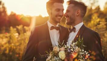 Fotografie von zwei gut aussehend jung Männer im Smoking und Bogen binden, halten Hochzeit Strauß beim Sonnenuntergang, Fröhlich Paar foto