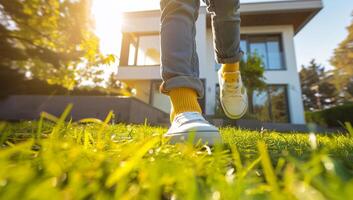 Nahansicht von ein jung Jungs Füße Laufen auf Grün Gras im das Vorderseite Hof mit ein modern Haus im das Hintergrund. foto