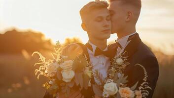 Fotografie von zwei gut aussehend jung Männer im Smoking und Bogen binden, halten Hochzeit Strauß beim Sonnenuntergang, Fröhlich Paar foto