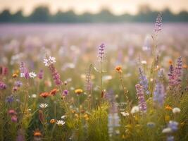 Sommer- Wiese. ein schön Frühling Blume Feld. natürlich bunt Landschaft mit wild Blumen auf das Sonnenuntergang foto