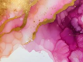 abstrakt Rosa erröten Flüssigkeit Aquarell Hintergrund mit golden Linien, Punkte, Flecken. Marmor Alkohol Tinte Zeichnung bewirken foto