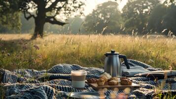 ein Picknick Decke gelegt aus im ein Wiese mit ein Thermosflasche von Kaffee und Gebäck zum ein ruhig Morgen Picknick foto