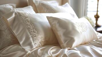 ein einstellen von monogrammiert Kissenbezüge ruhen auf oben von passend Seide Kissen Schein geben ein persönlich berühren zu das luxuriös Bettwäsche foto