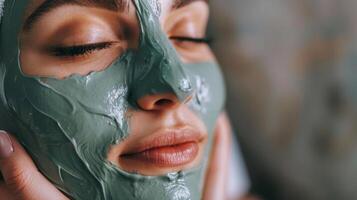 ein hausgemacht Lehm Gesicht Maske Sein angewendet zu ein Frauen Gesicht ihr Augen geschlossen im Entspannung foto