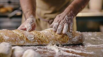 ein Bäcker fachmännisch Gestaltung ein lange schlank Laib von Brot ihr Bewegungen präzise und Flüssigkeit foto
