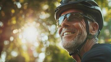 ein Nahansicht von ein Radfahrer lächelnd Gesicht Gefühl das eilen von Endorphine und mental Klarheit nach ein herausfordernd aber lohnend Reiten foto