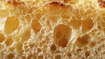 ein Nahansicht von ein Kreuz Sektion von ein Laib von Brot Aufschlussreich es ist luftig löchrig Struktur und golden knusprig Kruste foto