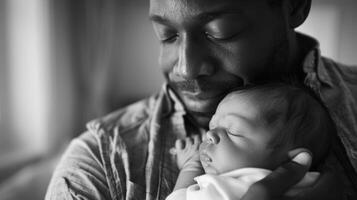 ein Vater kuschelt seine Neugeborene Baby staunen beim das Stille und Wunder von diese kostbar Moment foto