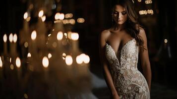 ein und elegant Braut im ein kurvenbetont Satin- Kleid mit ein Eintauchen Ausschnitt und kompliziert Spitze Einzelheiten. gegen ein Hintergrund von schwach beleuchtet Kerzen und opulent Dekor ihr Braut- Klo foto