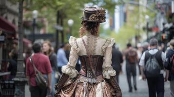 ein viktorianisch Dame Spaziergänge durch das Stadt Straßen im ein voluminös Spitze und Seide Kleid gepaart mit ein Leder Korsett und Bronze- zahnradförmig Zubehör foto