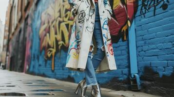 ein lange Linie Graben Mantel mit Graffiti Beschriftung und gedruckt Designs gepaart mit zerrissen Jeans und metallisch Knöchel Stiefel zum ein hoch Mode Straße Kunst aussehen foto