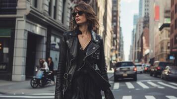 ein glatt schwarz Leder Jacke gepaart mit ein fließend Seide Midi- Kleid nebeneinander nervös und feminin Elemente gegen das Hintergrund von ein geschäftig Stadt Straße foto