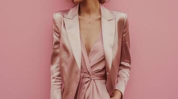 hinzufügen ein berühren von glam zu Ihre korporativ Kleiderschrank mit ein Satin- Unterhose Kleid und ein strukturiert Blazer im ein Sanft Rosa Farbton foto