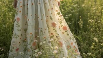 ein zart und feminin maxi Kleid geschmückt mit zierlich Blumen- Stickerei im Sanft Pastell- Farbtöne. perfekt zum ein romantisch Picknick im ein üppig Grün Wiese foto