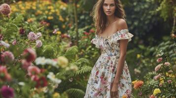 diese charmant und feminin Kleid kombiniert ein zart Blumen- drucken mit ein spielerisch und bunt botanisch Muster Erstellen ein wunderlich und Blickfang sehen. das Modell- Stand foto