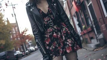 Umarmung ein feminin Punk aussehen mit ein Blumen- drucken Kleid gepaart mit ein Leder Jacke und klobig Stiefel. ausstatten mit ein besetzt Gürtel und Fischnetz Strumpfhose zum ein mädchenhaft noch Rand foto