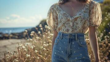 ein Paar von modisch hoch tailliert Jeans gemacht von organisch Baumwolle und gepaart mit ein vintageinspiriert Bluse perfekt zum ein Tag von erkunden ein urig Strand Stadt, Dorf foto