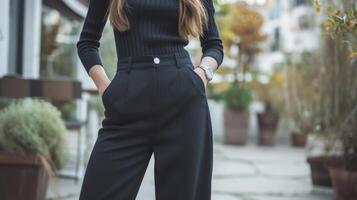 ein gerippt Marine Blau Rollkragen gepaart mit schwarz abgeschnitten weites Bein Hose minimalistisch Weiß Turnschuhe und ein glatt Uhr geeignet zum ein Kaffee Datum im ein minimalistisch draussen Hof foto