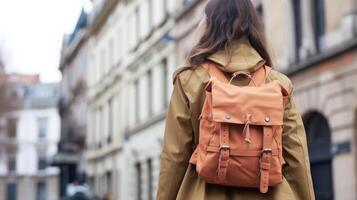 ein stilvoll und funktional Aprikose Rucksack perfekt zum ein Tag von erkunden ein geschäftig Stadt foto